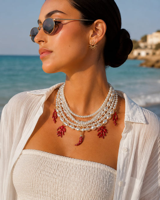 5 Layered Pearl Necklace with Summary Pendants